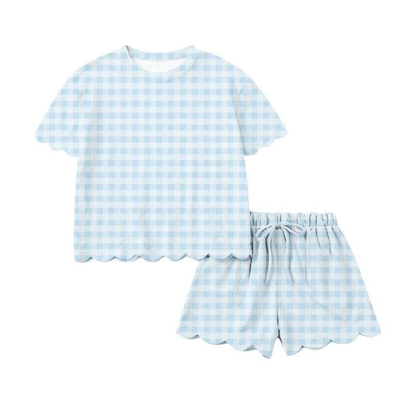 1.15 GSSO3184 Pre order No Moq Baby Girls Short Sleeve Light Blue Checked Shirts Top Shorts Clothes Sets