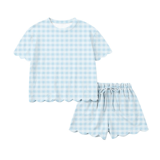 1.15 GSSO3184 Pre order No Moq Baby Girls Short Sleeve Light Blue Checked Shirts Top Shorts Clothes Sets