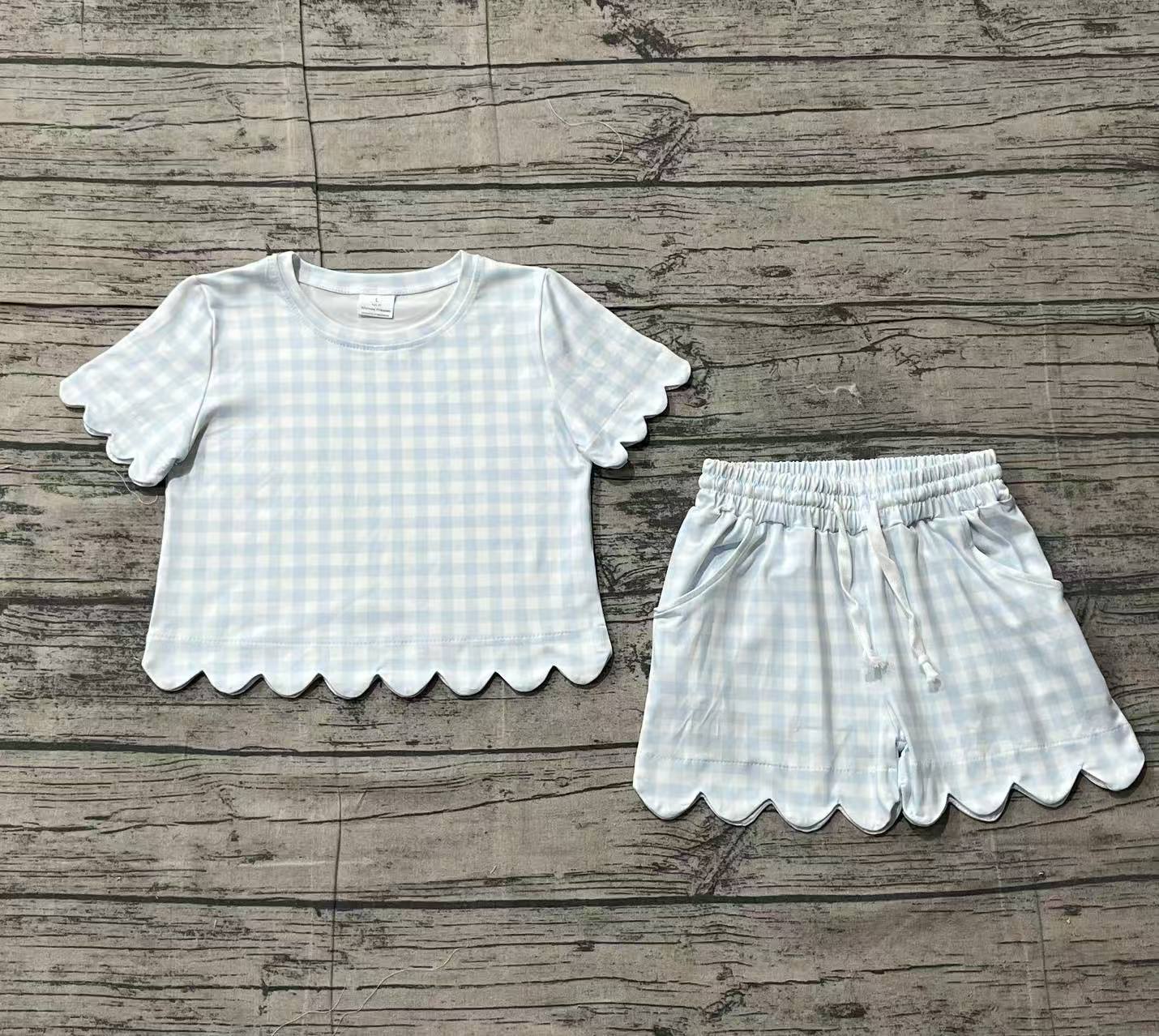1.26 GSSO3184 Sample No Moq Baby Girls Short Sleeve Light Blue Checked Shirts Top Scallop Shorts Clothes Sets