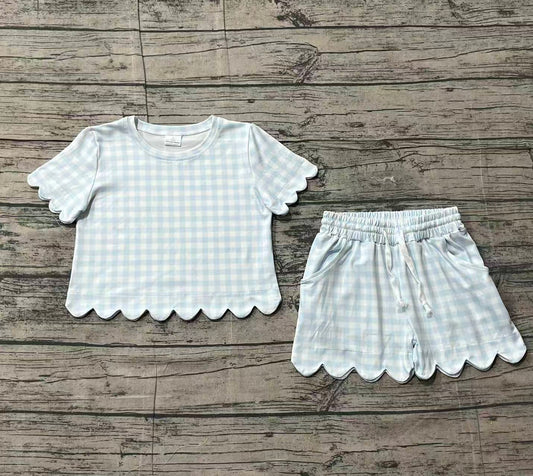 1.26 GSSO3184 Sample No Moq Baby Girls Short Sleeve Light Blue Checked Shirts Top Scallop Shorts Clothes Sets
