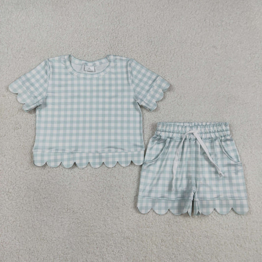 3.13 RTS NO MOQ （In stock）GSSO3184 Kids Clothing for Baby Girls Short Sleeve Blue Checked Top Scallop Pockets Shorts Clothes Sets