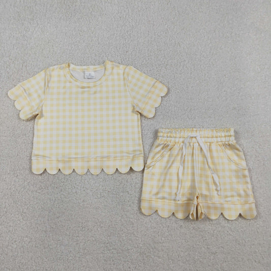3.28 RTS NO MOQ （In stock）GSSO3185 Yellow plaid scallop top shorts girls summer outfit