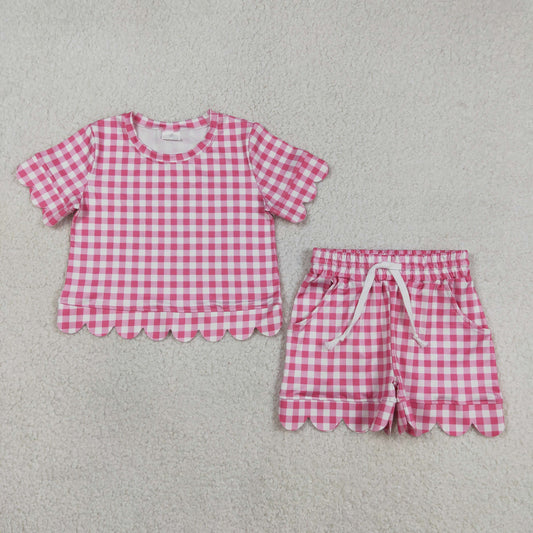 3.13 RTS NO MOQ （In stock）GSSO3186 Kids Clothing for Baby Girls Short Sleeve Hot Pink  Checked Top Scallop Pockets Shorts Clothes Set