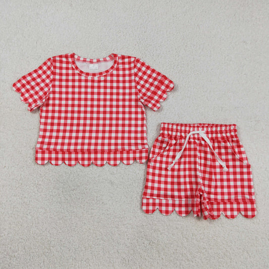 3.16 RTS NO MOQ （In stock）GSSO3187 Fashion Clothing For Baby Girls Red Checked Shirts Top Pockets Short Scallop Clothes Set