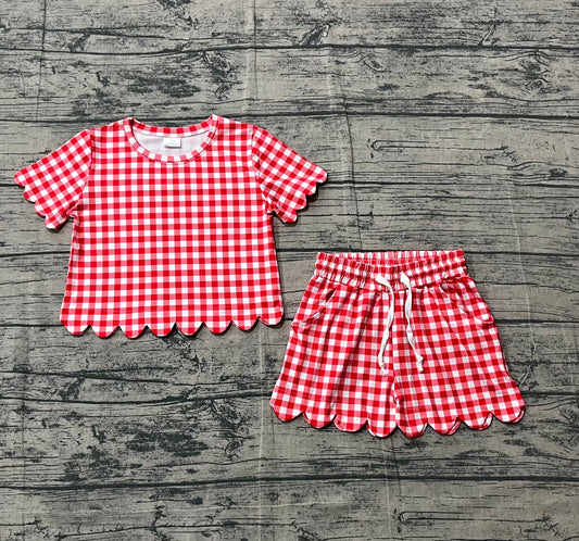 1.24 GSSO3187 Sample No Moq Baby Girls Short Sleeve Red Checked Shirts Top Shorts Scallop Clothes Sets