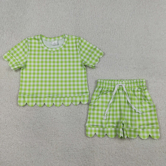 3.27 GSSO3189 RTS NO MOQ （In stock ）Lime green plaid scallop top shorts girls summer outfit