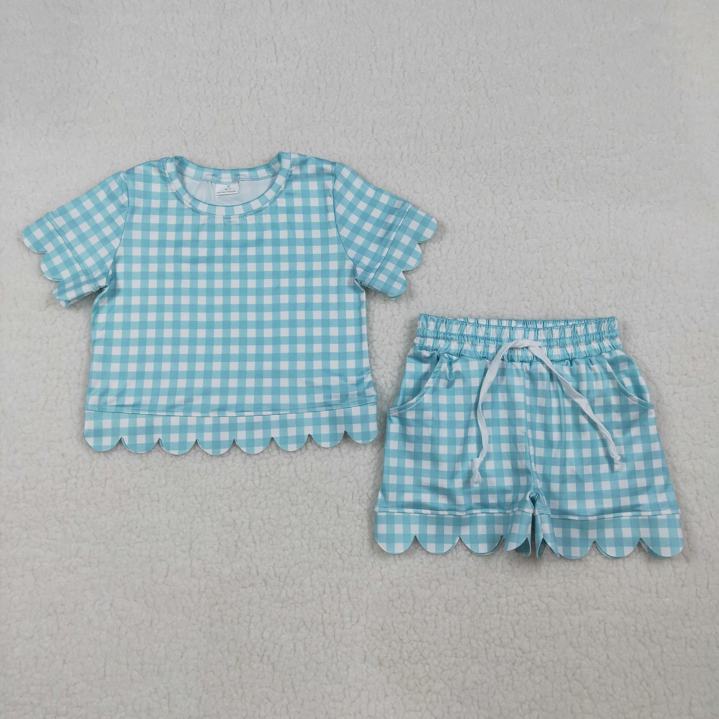 3.25 RTS NO MOQ （In stock）GSSO3190 Kids Clothing for Baby Girls Short Sleeve Blue Checked Shirts Top Scallop Shorts Clothes Sets