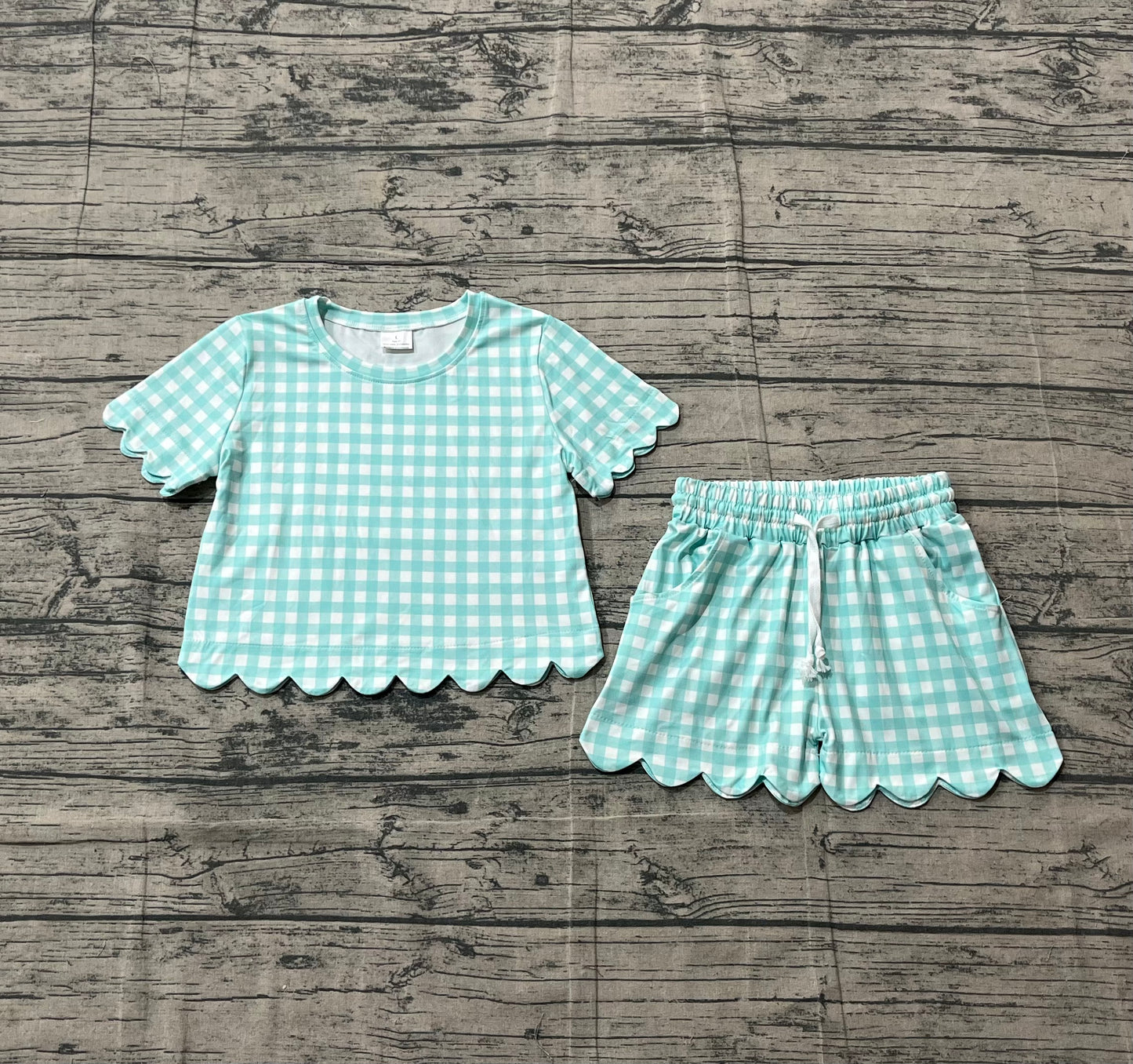 1.24 GSSO3190 Sample No Moq Baby Girls Short Sleeve Blue Checked Shirts Top Scallop Shorts Clothes Sets