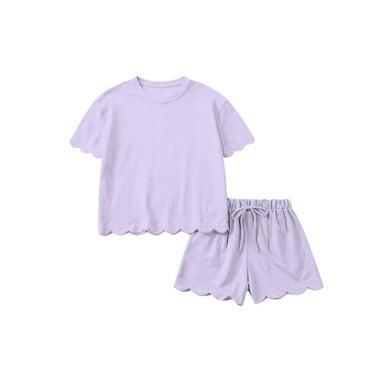 1.16 RTS NO MOQ （In stock）GSSO3199 Adult Women Lavender Shorts Sleeve Shirts Top Scallop Short Clothes Sets
