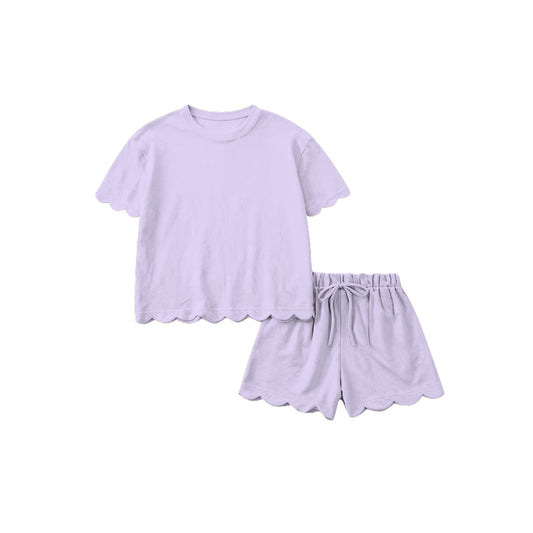 1.16 RTS NO MOQ （In stock）GSSO3199 Adult Women Lavender Shorts Sleeve Shirts Top Scallop Short Clothes Sets