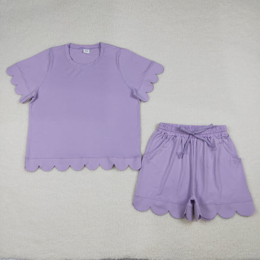 3.24 RTS NO MOQ （In stock）GSSO3199 Adult Women Summer Lavender Short Sleeve Shirt Pockets Short Scallop Clothes Set