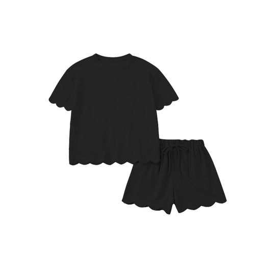 1.16 RTS NO MOQ （In stock）GSSO3200 Adult Women Black Shorts Sleeve Shirts Top Scallop Short Clothes Sets