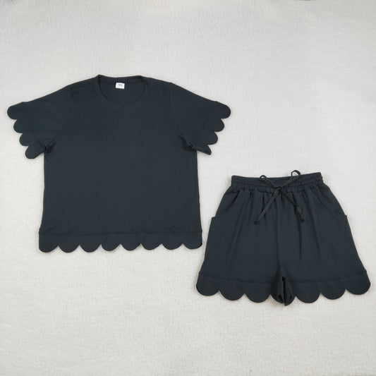 3.24 RTS NO MOQ （In stock）GSSO3199 Adult Women Summer Black Short Sleeve Shirt Pockets Short Scallop Clothes Set