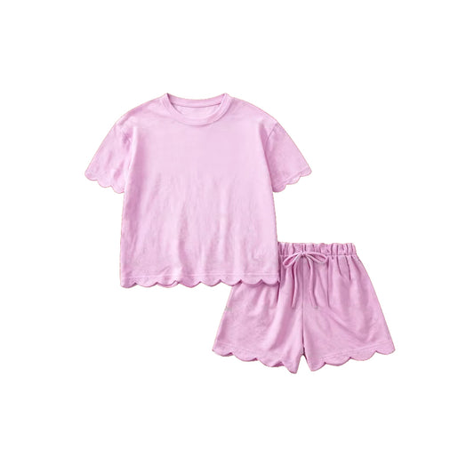1.16 RTS NO MOQ （In stock）GSSO3201 Adult Women Pink Shorts Sleeve Shirts Top Scallop Short Clothes Sets