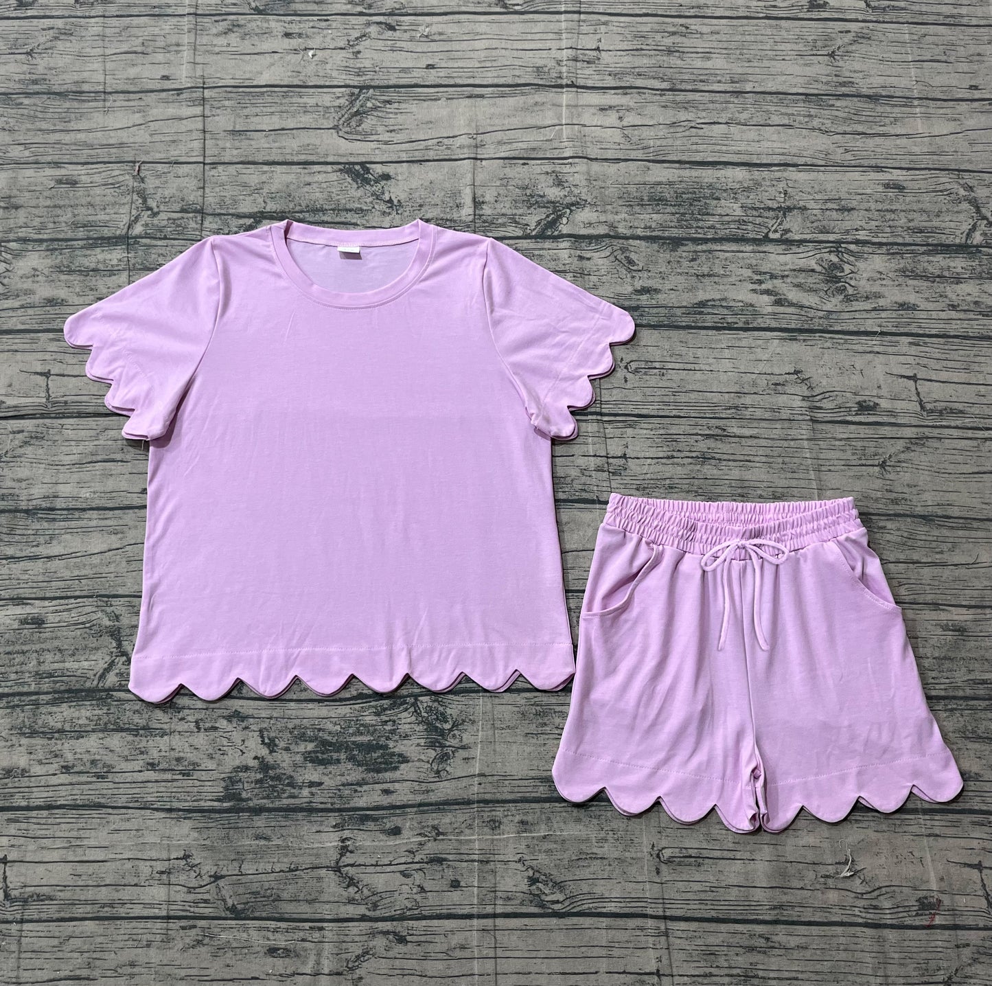 1.24 RTS NO MOQ （In stock）GSSO3201 Adult Women Pink Shorts Sleeve Shirts Top Scallop Short Clothes Sets