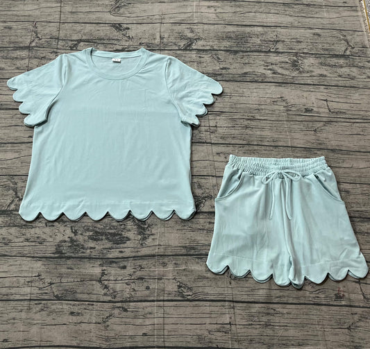 1.24 RTS NO MOQ （In stock）GSSO3202 Adult Women Light Blue Shorts Sleeve Shirts Top Scallop Short Clothes Sets
