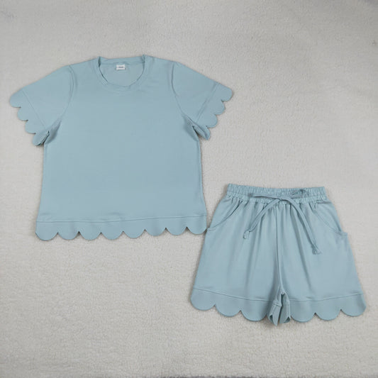 3.18 RTS NO MOQ （In stock）GSSO3202 Adult Women Summer Light Blue Shirts Top Scallop Short Clothes Sets