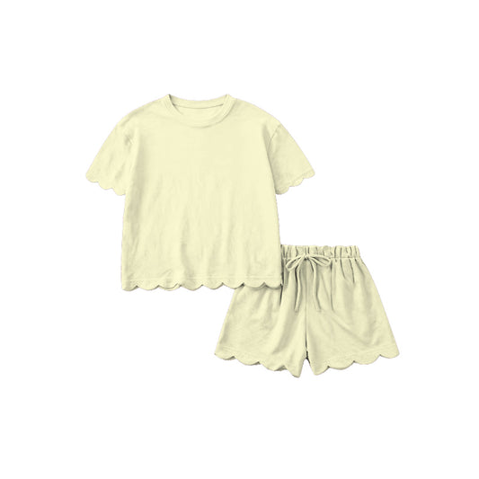 1.16 RTS NO MOQ （In stock）GSSO3203 Adult Women Yellow Shorts Sleeve Shirts Top Scallop Short Clothes Sets