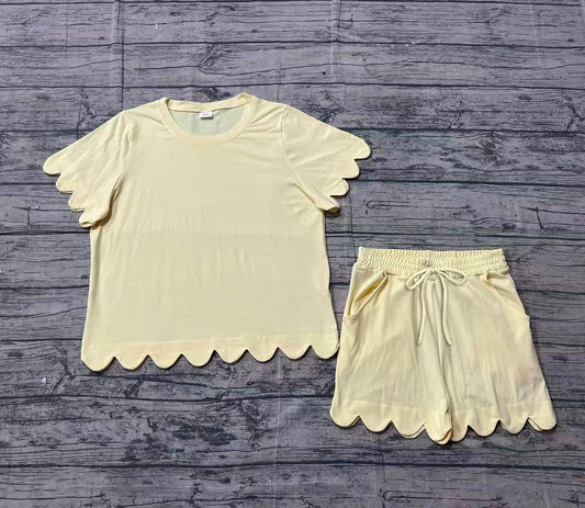 1.26 RTS NO MOQ （In stock）GSSO3203 Adult Women Yellow Shorts Sleeve Shirts Top Scallop Short Clothes Sets