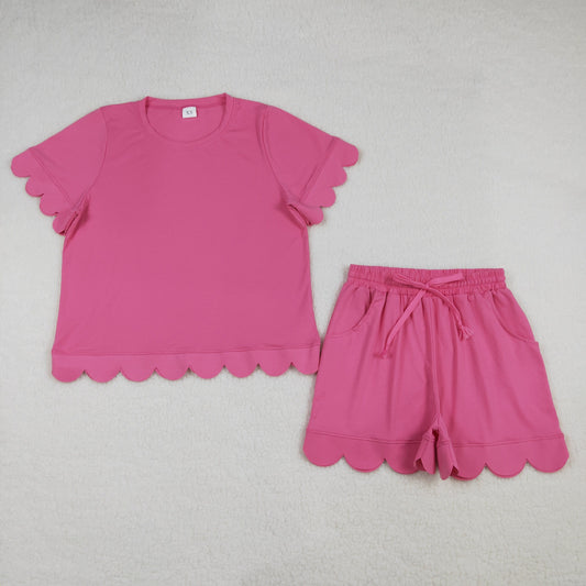 3.27 RTS NO MOQ （In stock）GSSO3204 Hot pink scallop top shorts adult women summer outfits