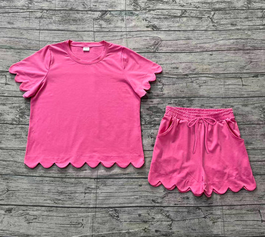 1.26 RTS NO MOQ （In stock）GSSO3204 Adult Women Hot Pink Shorts Sleeve Shirts Top Scallop Short Clothes Sets