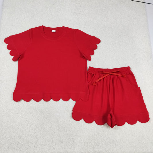 3.12 RTS NO MOQ （In stock）GSSO3205 Adult Women Red Shorts Sleeve Shirts Top Scallop Short Clothes Sets