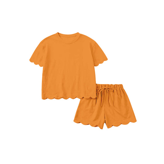 1.16 RTS NO MOQ （In stock）GSSO3206 Adult Women Orange Shorts Sleeve Shirts Top Scallop Short Clothes Sets