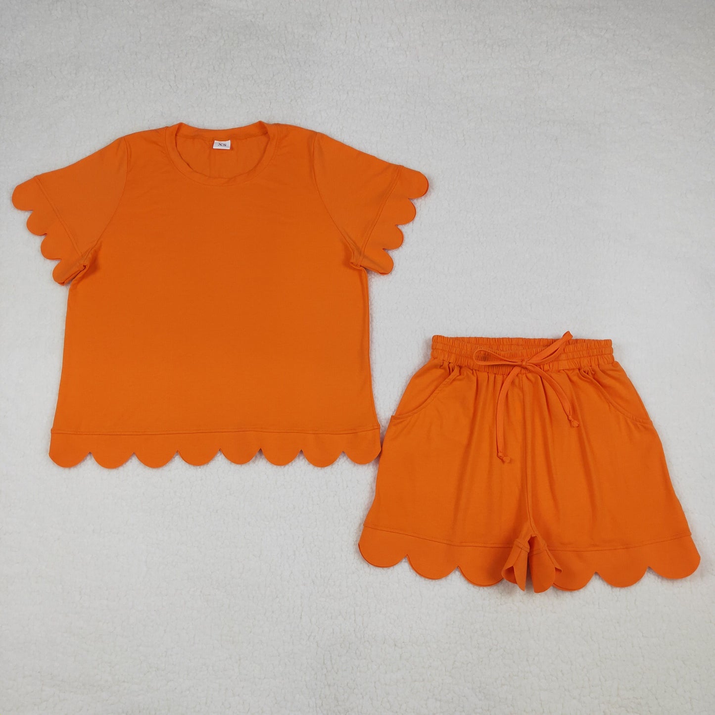 4.8 GSSO3206 RTS NO MOQ （In stock）Orange scallop top shorts adult women summer outfits