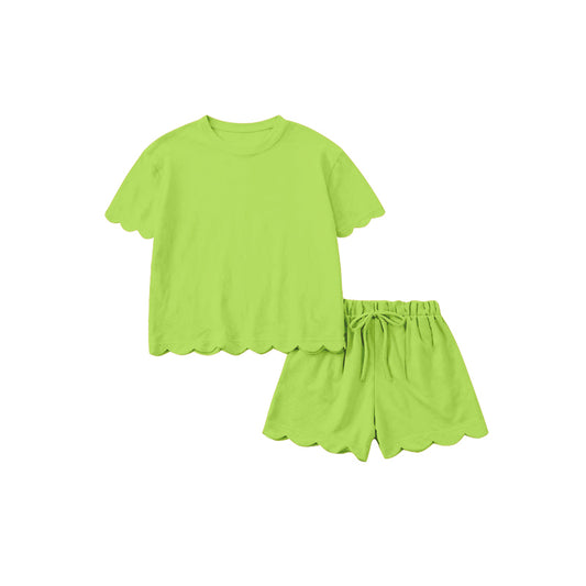 1.16 RTS NO MOQ （In stock）GSSO3207 Adult Women Green Shorts Sleeve Shirts Top Scallop Short Clothes Sets