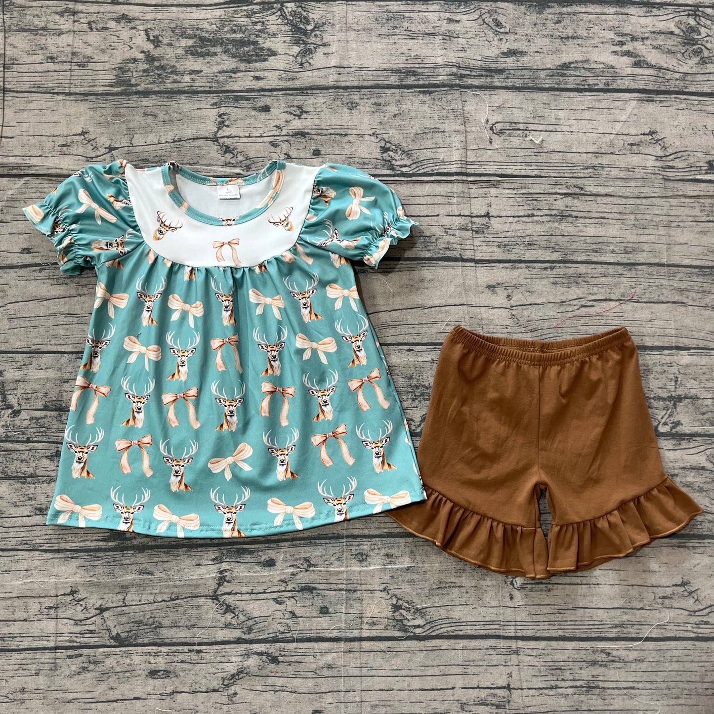 3.16 GSSO3212 Sample No Moq Baby Girls Summer Fashion Short Sleeve Bows Deer Ducks Tunic Ruffle Shorts Hunting Clothes Sets