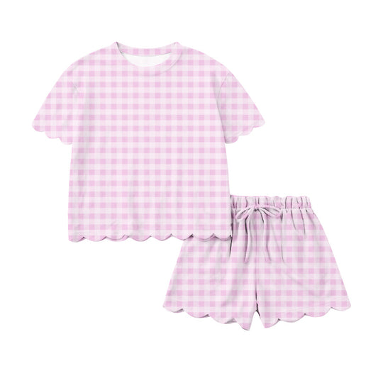 1.17 RTS NO MOQ （In stock）GSSO3216 Adult Women Light Pink Checked Top Scallop Short Clothes Sets