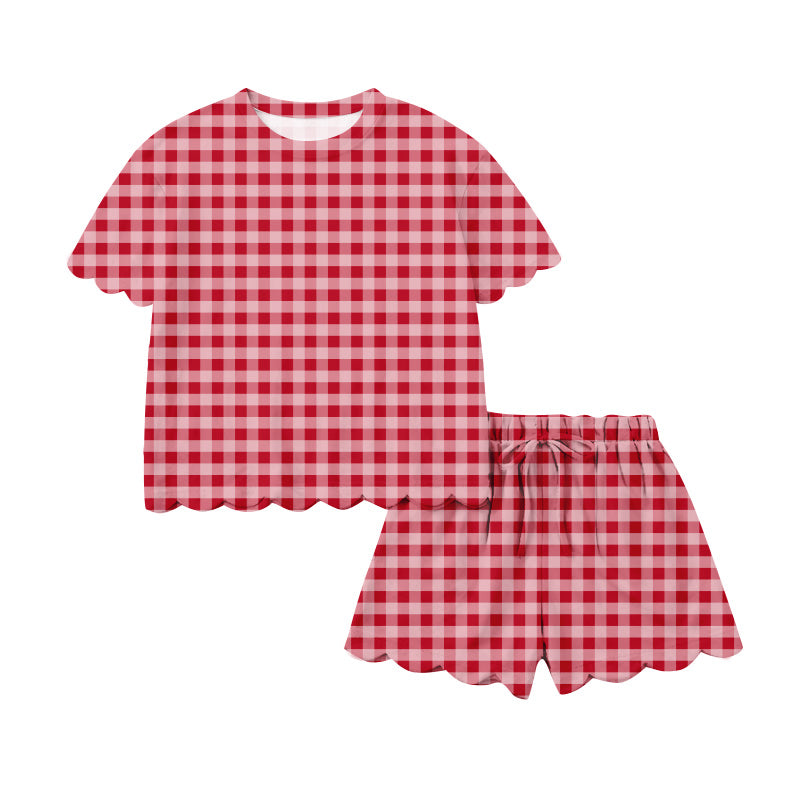 1.17 RTS NO MOQ （In stock）GSSO3220 Adult Women Orange Checked Top Scallop Short Clothes Sets