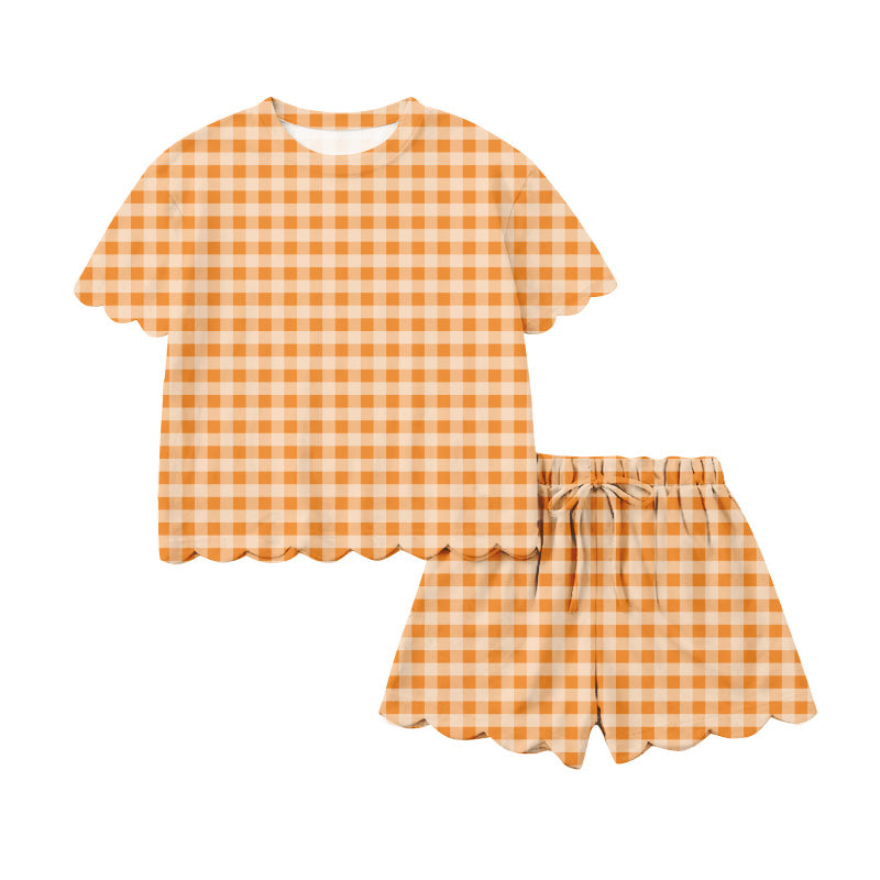 1.17 RTS NO MOQ （In stock）GSSO3221 Adult Women Orange Checked Top Scallop Short Clothes Sets