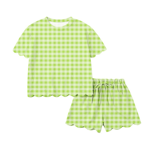 1.17 RTS NO MOQ （In stock）GSSO3222 Adult Women Green Checked Top Scallop Short Clothes Sets