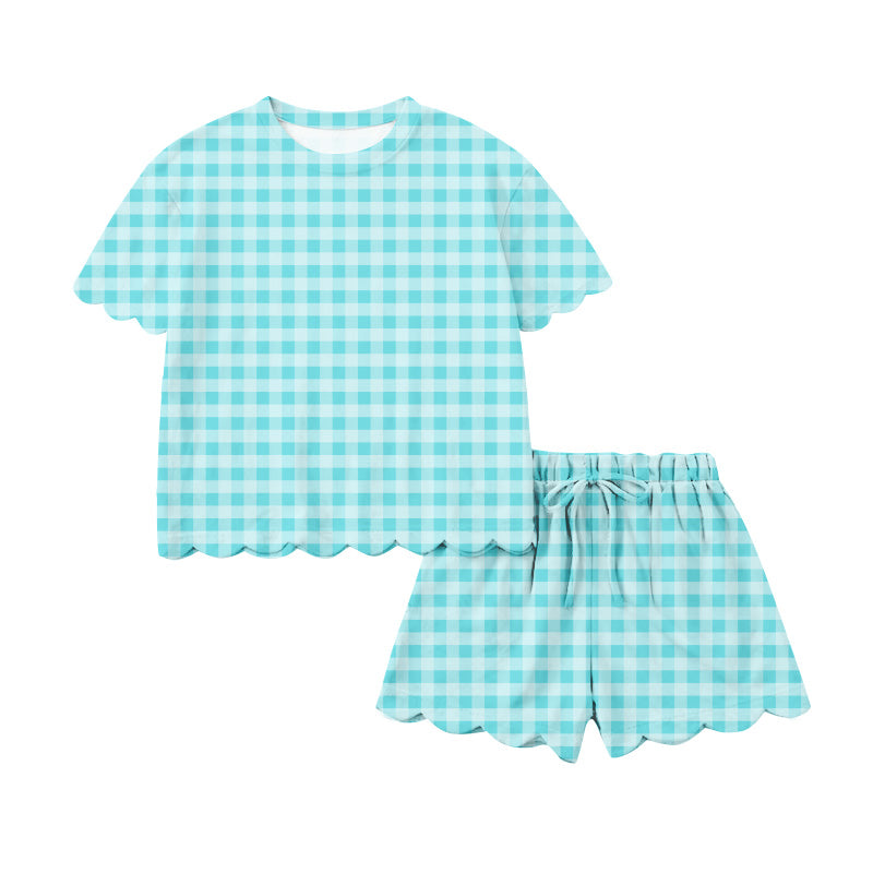 1.17 RTS NO MOQ （In stock）GSSO3223 Adult Women Blue Checked Top Scallop Short Clothes Sets