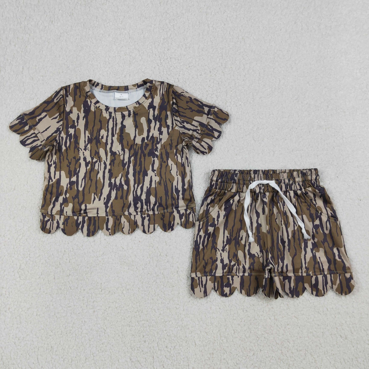 4.1 RTS NO MOQ （In stock）GSSO3225 Olive camo scallop top shorts girls summer outfit