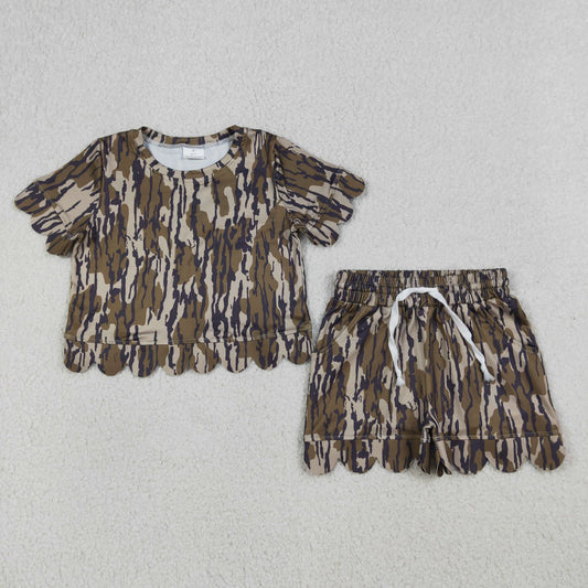 4.1 RTS NO MOQ （In stock）GSSO3225 Olive camo scallop top shorts girls summer outfit