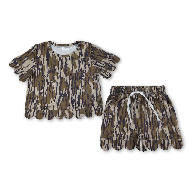 RTS Sibling Baby Girls Short Sleeve Shirts Top Pockets Short Scallop Clothes Sets