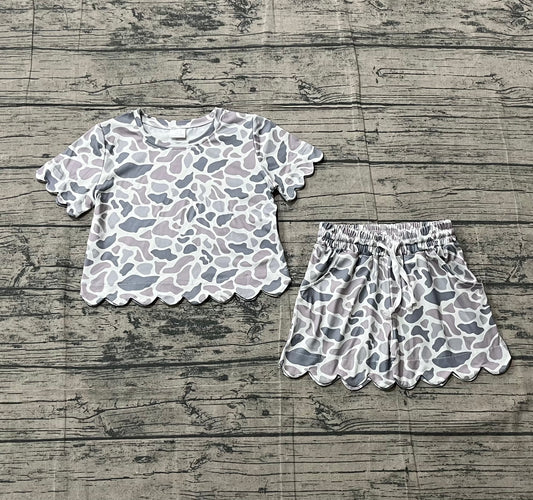 1.24 GSSO3226 Sample No Moq Baby Girls Southern Light Grey Camo Top Scallop Shorts Clothes Sets