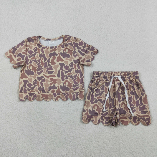 3.30 RTS NO MOQ （In stock）GSSO3227 Khaki camo scallop top shorts girls summer outfit