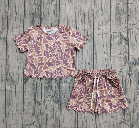 1.23 GSSO3227 Sample No Moq Baby Girls Southern Khaki Camo Top Scallop Shorts Clothes Sets