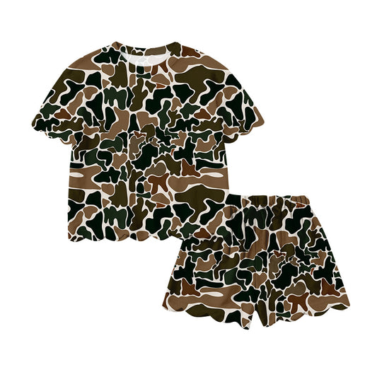 1.17 GSSO3228 Pre order No Moq Baby Girls Southern Dark Brown Camo Top Scallop Shorts Clothes Sets