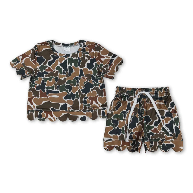 RTS Sibling Baby Girls Short Sleeve Shirts Top Pockets Short Scallop Clothes Sets