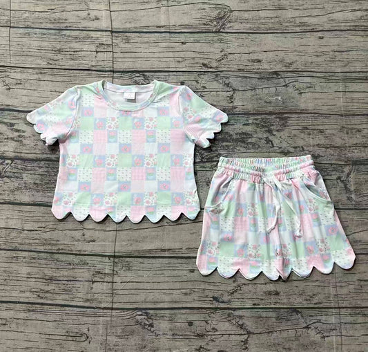 1.26 GSSO3229 Sample No Moq Baby Girls Flowers Checked Top Scallop Shorts Clothes Sets