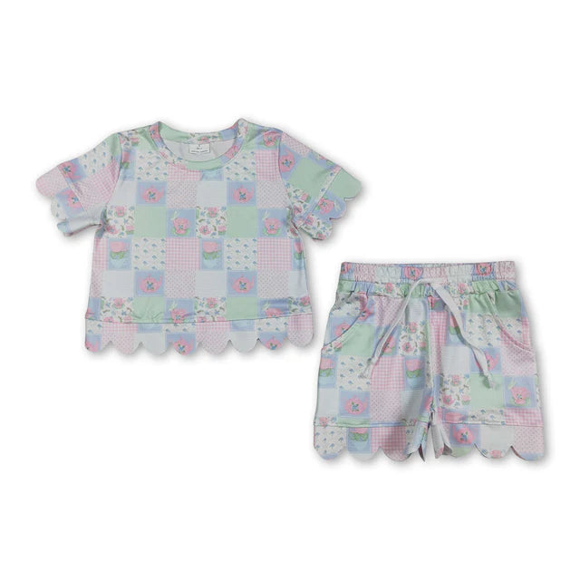 RTS Sibling Baby Girls Colorful Flowers Top Pockets Shorts Scallop Clothes Sets