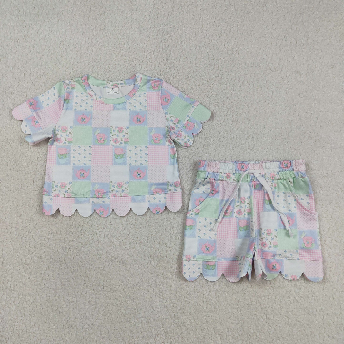 3.16 RTS NO MOQ （In stock）GSSO3229 Fashion Clothing For Baby Girls Colorful Flowers Checked Top Scallop Shorts Clothes Sets