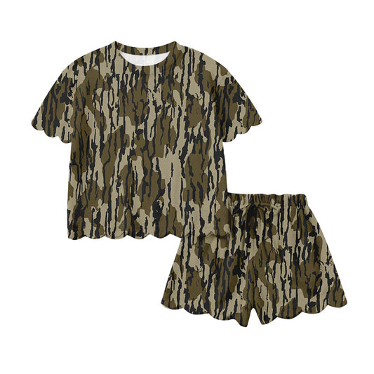 1.20 RTS NO MOQ （In stock）GSSO3231 Adult Women Southern Olive Camo Top Scallop Short Clothes Sets
