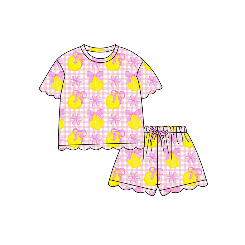 1.20 RTS NO MOQ （In stock）GSSO3235 Baby Girls Pink Checked Lemons Bows Top Scallop Shorts Clothes Sets
