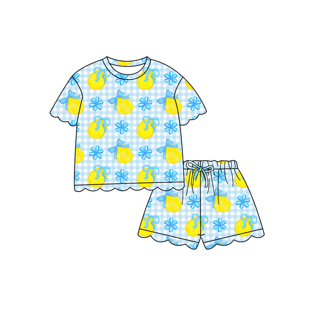 1.20 RTS NO MOQ （In stock）GSSO3236 Baby Girls Blue Checked Lemons Bows Top Scallop Shorts Clothes Sets