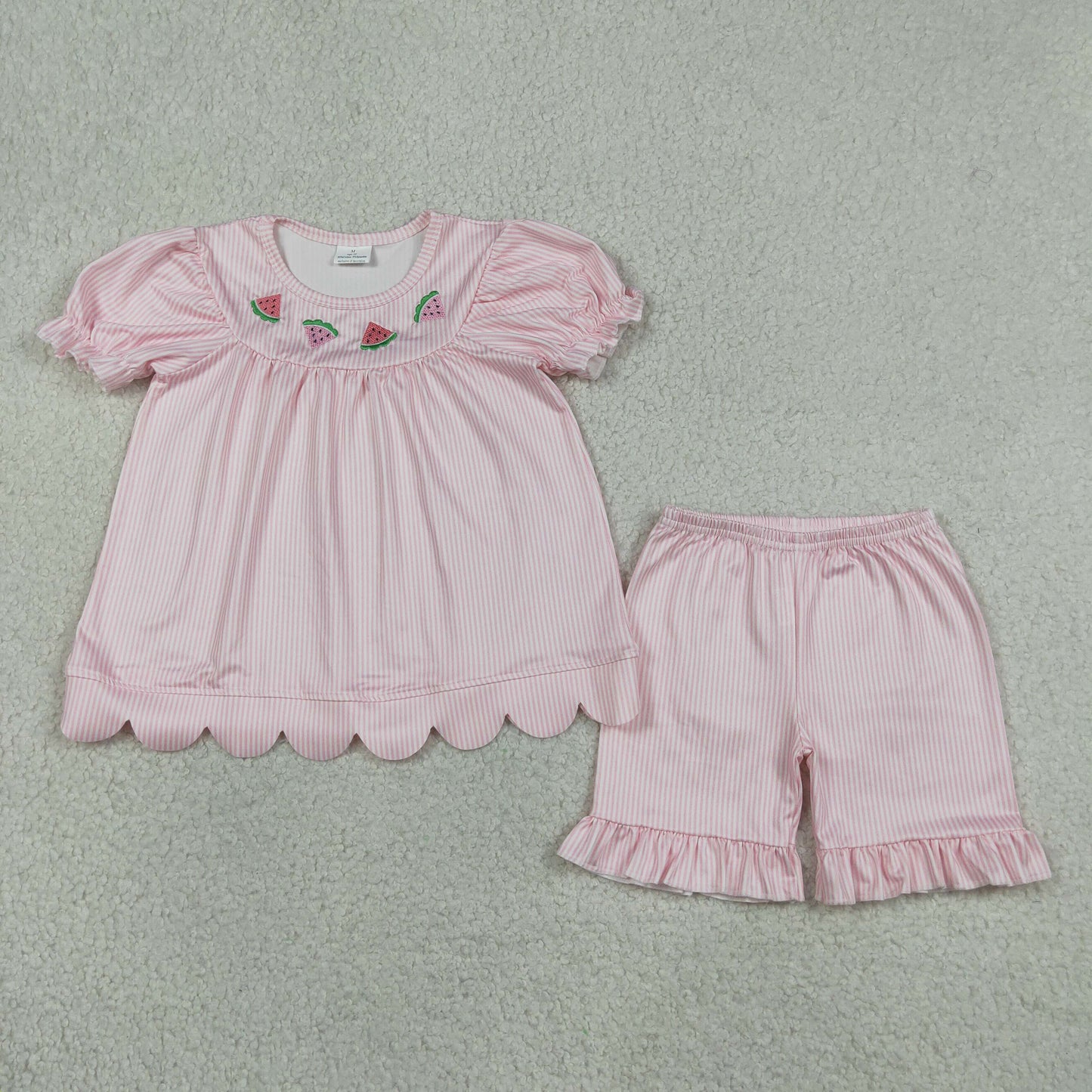 GSSO3239 RTS NO MOQ （In stock ）pink stripe watermelon embroidery scallop girls outfits